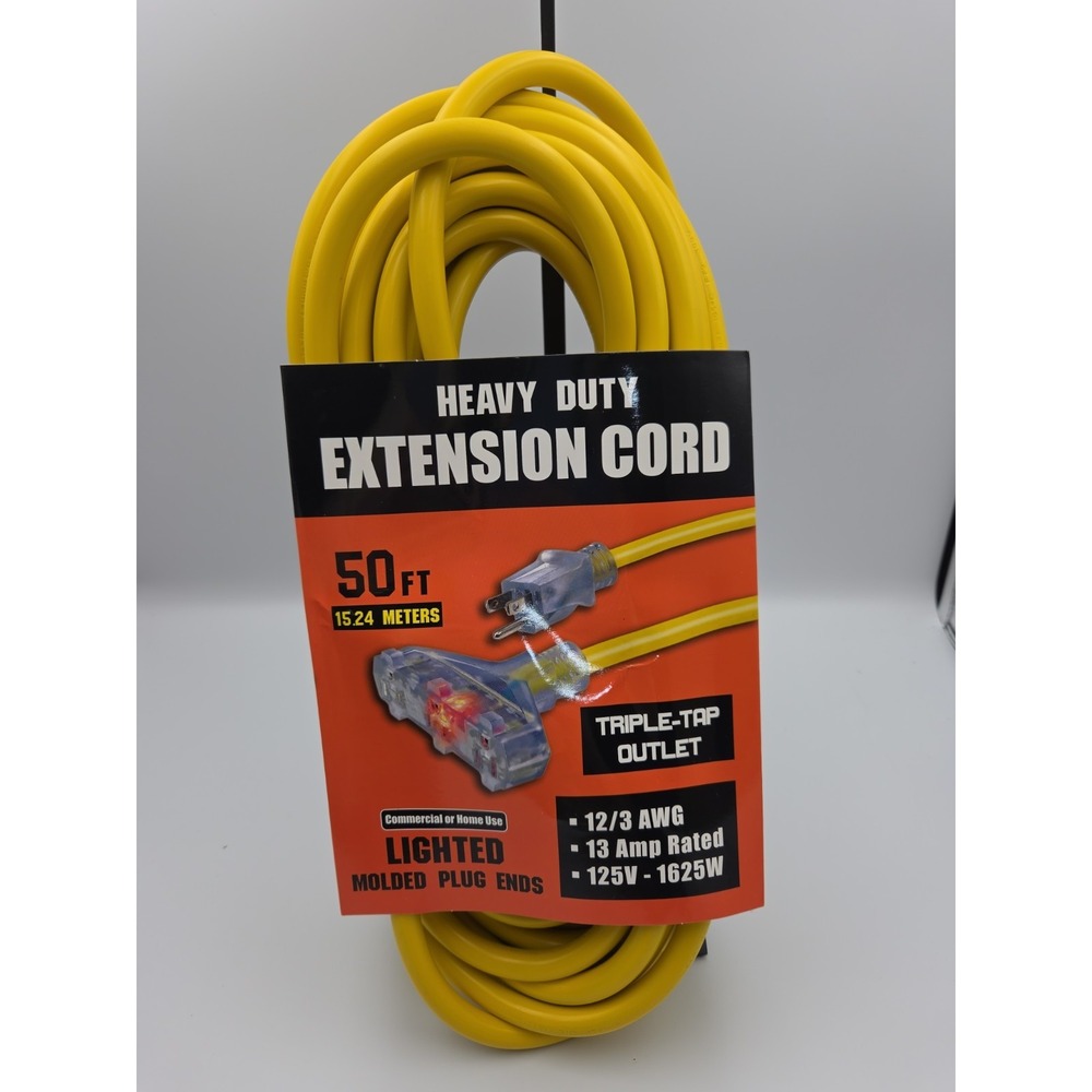 Heavy Duty Extension Cord 50 Ft. 12/3  Lighted End With Triple Outlet
